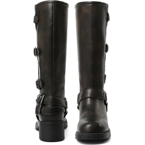 Women's Brown AMINUGAL Knee High Boots Square Toe Wide Calf Chunky Heel - Picture 5 of 6